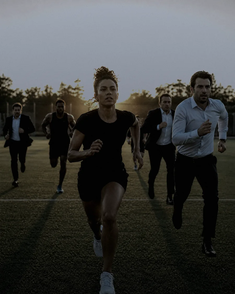 Atletas e líderes de negócio partilham um campo de treino.