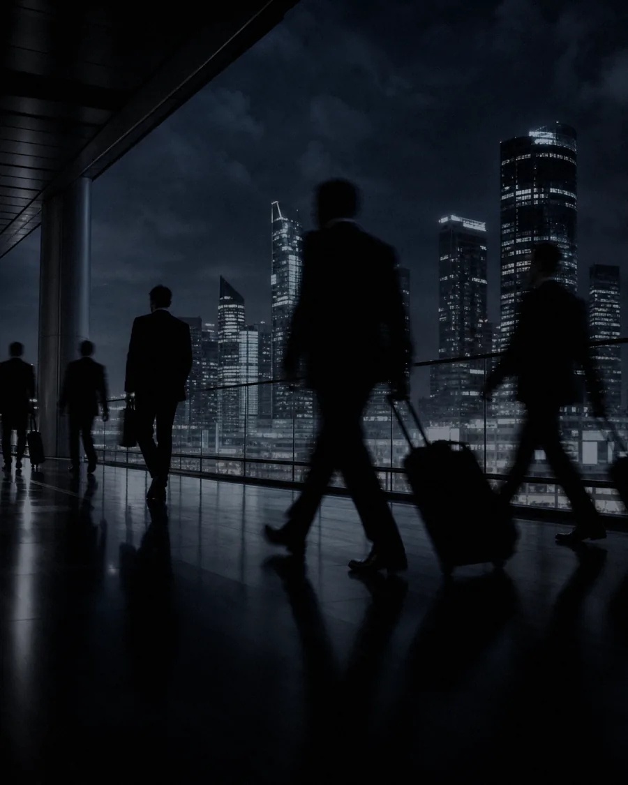 Viajantes de negócios avançam por um terminal internacional.